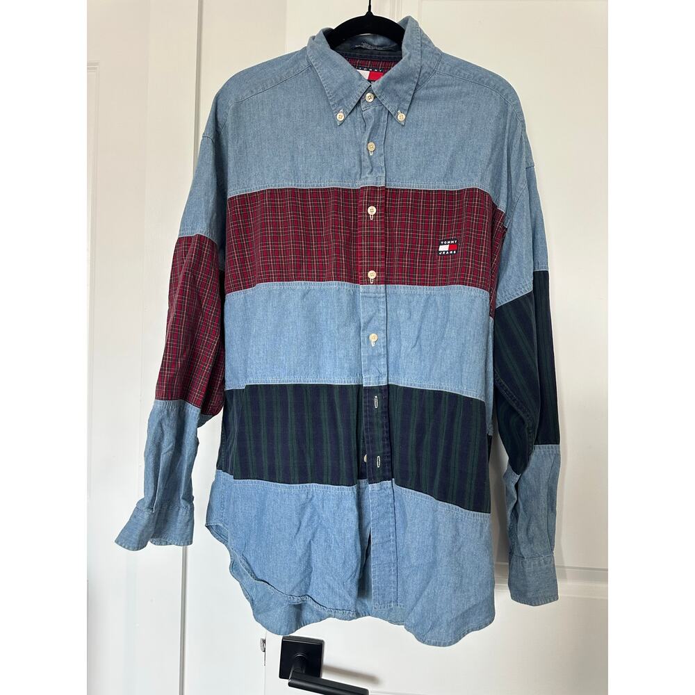 Tommy Hilfiger (L) VTG 90’s Patchwork Denim Button Up Logo Shirt Y2K - Picture 2 of 5